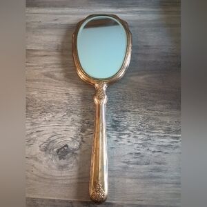 Vintage Art Deco Hand Mirror Large Heavy 251g Weight Gold Tone Floral